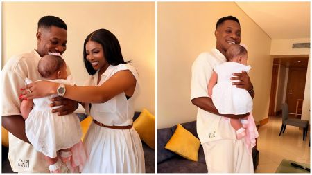 A side-by-side photo collage showing Nigerian media personality Toke Makinwa and Pastor Jerry Eze. In the left frame, Eze smiles while holding Makinwa’s daughter, Yaya, as Makinwa looks on happily while dressed in a white sleeveless shirt and matching pleated skirt. The right frame shows a full-length shot of Pastor Jerry Eze, dressed in an off-white casual outfit, smiling warmly as he cradles the baby in his arms.