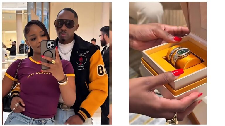 A two-paneled image showing Nigerian influencer Priscilla Ojo and Tanzanian singer Juma Jux. On the left, the couple poses for a mirror selfie inside a luxury store; Priscilla wears a purple t-shirt and jeans while Jux wears a black and yellow varsity jacket and sunglasses. On the right, a close-up shot shows a pair of hands opening a cream and yellow jewelry box to reveal a gold Bvlgari Serpenti watch with a green face.