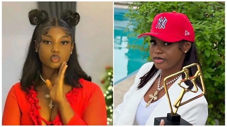 A side-by-side comparison of King Mitchy (Michelle Safo). On the left, she is pictured in a vibrant red ruffled top with her hair styled in two sleek buns, wearing a pearl-and-cross necklace. On the right, she wears a white blazer, a red New York Yankees baseball cap, and a similar cross necklace while holding a gold-framed award trophy in front of a poolside background.