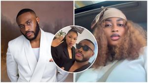 A collage featuring Big Brother Naija stars Kola Omotosho and Imisi Ayanwale. On the left, Kola poses in a white suit. On the right, Imisi is pictured in a car wearing a headscarf. A central circular inset shows Kola wearing sunglasses alongside a woman identified as his alleged girlfriend.