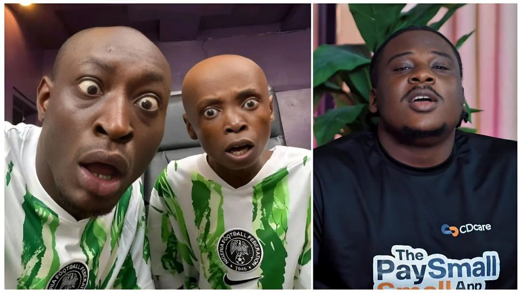 A split image showing Nigerian content creators Carter Efe and Kolu on the left, both appearing shocked with wide eyes while wearing Nigeria Super Eagles jerseys. On the right, comedian and host Isbae U is seen in a black shirt featuring the CDCare logo.