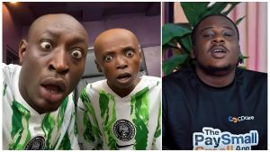A split image showing Nigerian content creators Carter Efe and Kolu on the left, both appearing shocked with wide eyes while wearing Nigeria Super Eagles jerseys. On the right, comedian and host Isbae U is seen in a black shirt featuring the CDCare logo.