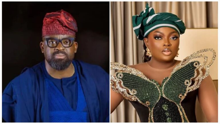 Filmmaker Kunle Afolayan wearing a blue traditional Agbada and red cap side-by-side with actress Funke Akindele in a black dress with green butterfly-wing detailing.