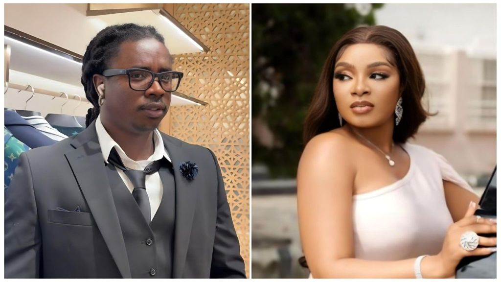 A split-screen image. On the left is Lord Lamba (Promise Kelvin Anagbogu), a popular Nigerian skit maker and comedian, dressed in a formal black suit with a white shirt and black tie. He is wearing black-framed glasses and has his hair in dreadlocks. On the right is Queen Mercy Atang, a former Big Brother Naija housemate and beauty queen, wearing an elegant one-shoulder white dress with silver drop earrings. She is looking off-camera with a neutral expression.