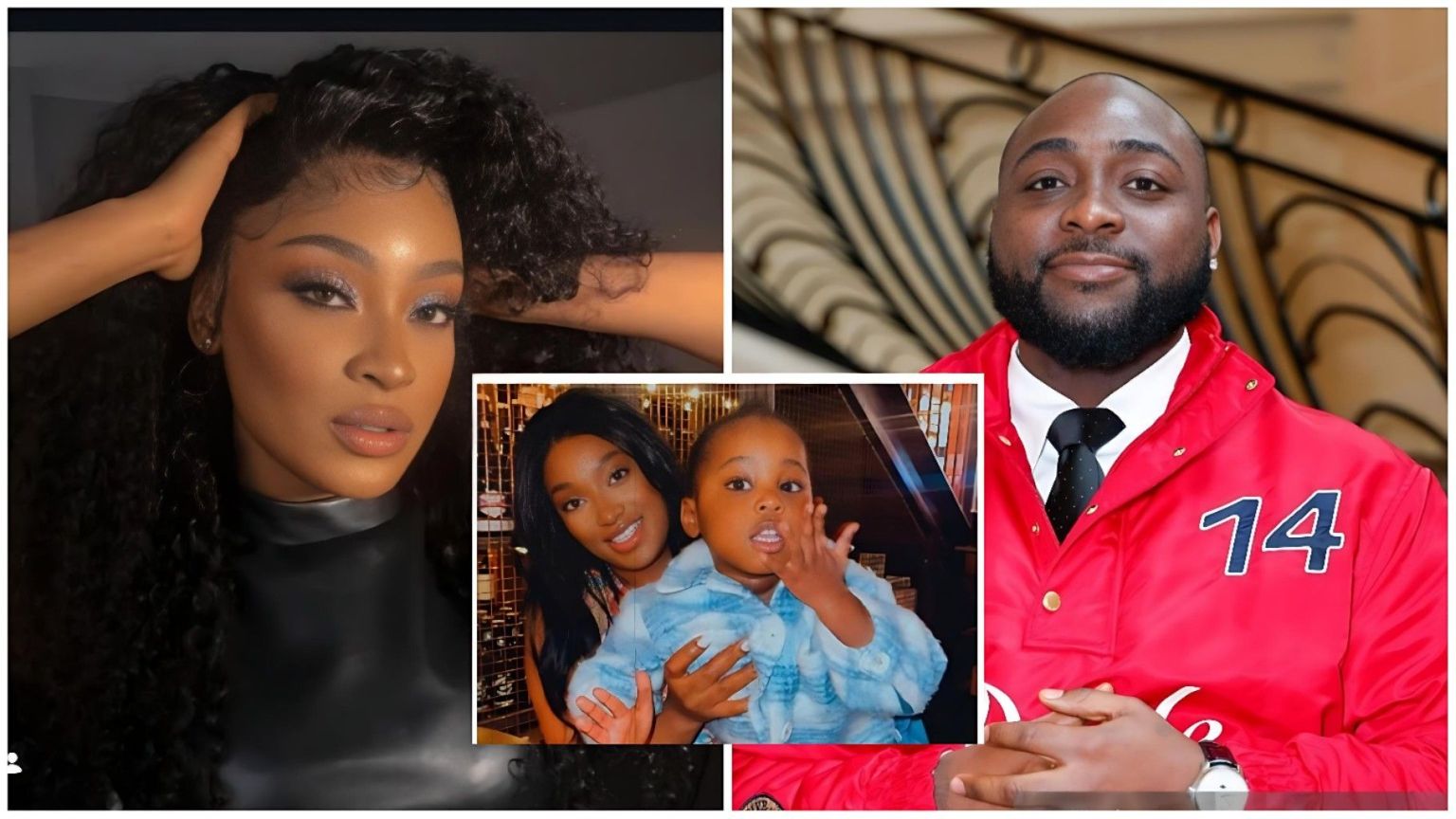 A collage showing three distinct images. The left panel features a close-up of Larissa London with voluminous curly hair. The top-right panel shows Davido wearing a red jacket and a black tie. The bottom-center inset shows Larissa London posing with her young son, Dawson.