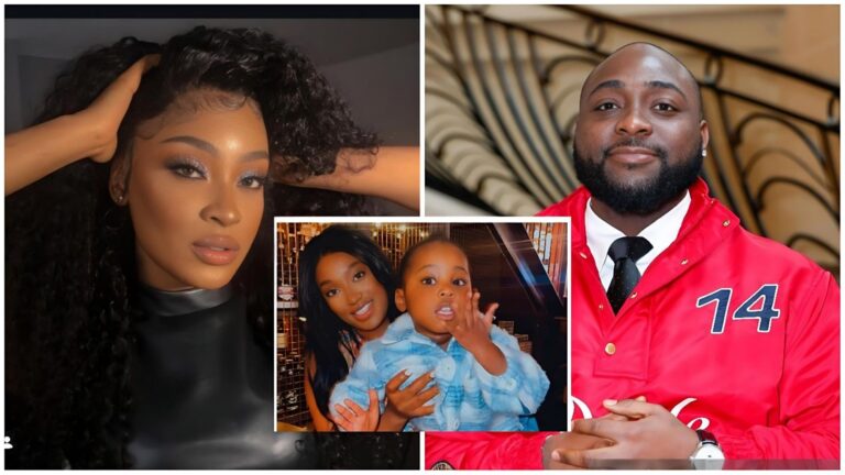 A collage showing three distinct images. The left panel features a close-up of Larissa London with voluminous curly hair. The top-right panel shows Davido wearing a red jacket and a black tie. The bottom-center inset shows Larissa London posing with her young son, Dawson.