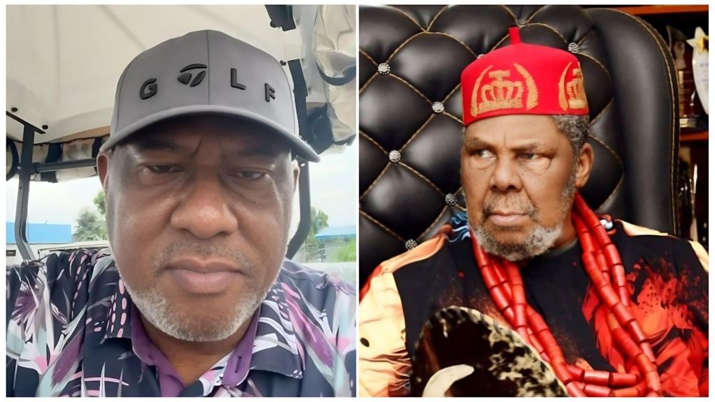 A side-by-side composite image featuring Leo Edochie (left) and his father, veteran Nollywood actor Pete Edochie (right). On the left, Leo Edochie is wearing a grey "GOLF" baseball cap and a floral-patterned shirt, looking directly into the camera in what appears to be a self-recorded video. On the right, Pete Edochie is seated in an ornate black leather chair, dressed in traditional attire including a red cap and a heavy red beaded necklace.