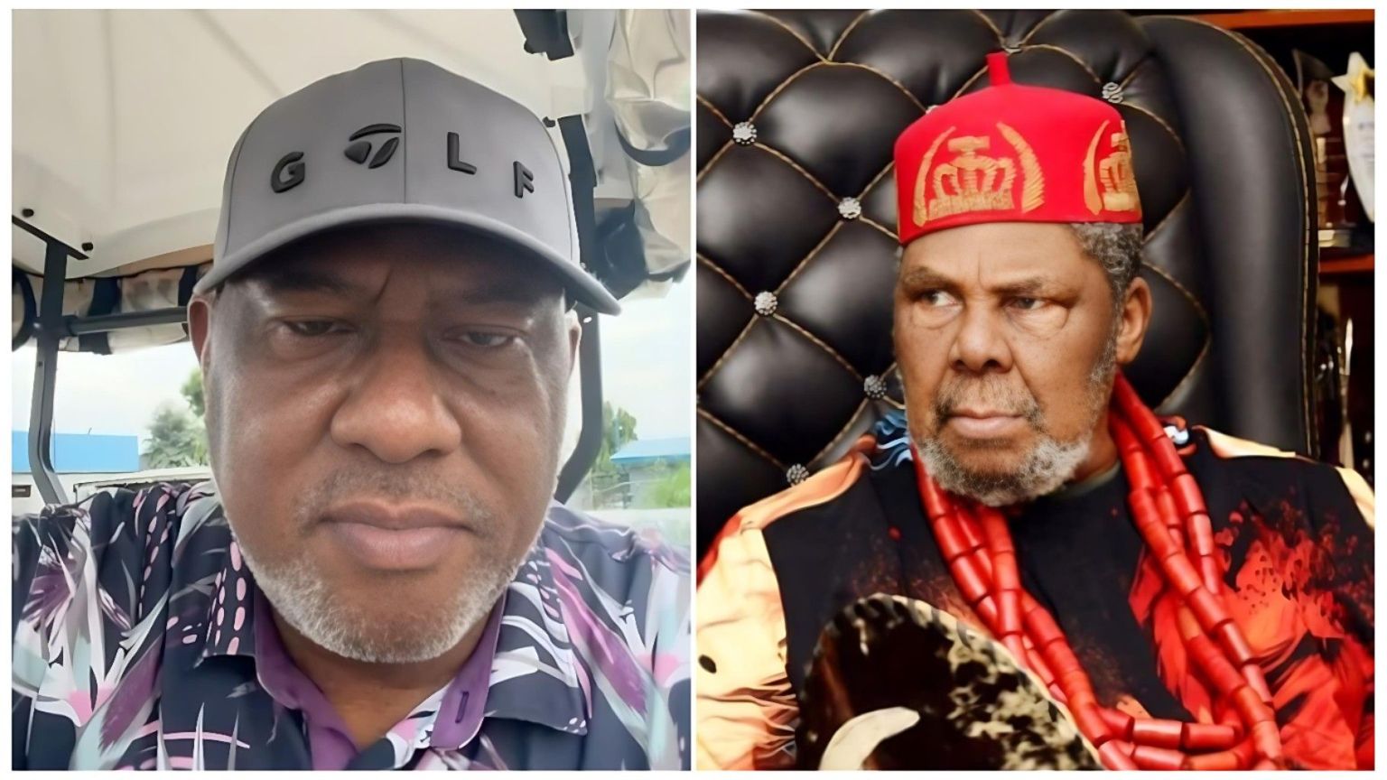 A side-by-side composite image featuring Leo Edochie (left) and his father, veteran Nollywood actor Pete Edochie (right). On the left, Leo Edochie is wearing a grey "GOLF" baseball cap and a floral-patterned shirt, looking directly into the camera in what appears to be a self-recorded video. On the right, Pete Edochie is seated in an ornate black leather chair, dressed in traditional attire including a red cap and a heavy red beaded necklace.