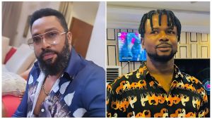 A side-by-side photo of Nigerian actor Frederick Leonard (left) wearing a blue patterned shirt and glasses, and filmmaker/activist Stanley Ontop (right) wearing a black shirt with yellow horse prints.