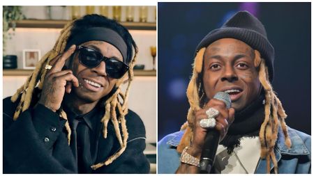 A split image featuring rapper Lil Wayne. On the left, a close-up of Wayne smiling during an interview, wearing dark sunglasses, a black headband, and a black jacket while touching his temple. On the right, Wayne is captured mid-performance, holding a microphone and singing, dressed in a black beanie and a blue denim jacket with a soft blue light in the background.