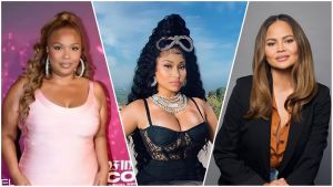 A three-panel collage featuring Lizzo in a pink dress on the left, Nicki Minaj in a black corset and heavy jewelry in the center, and Chrissy Teigen in a brown top and blazer on the right.