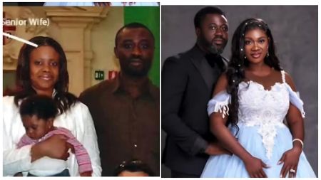 A split image collage comparing a throwback photo of Prince Odianosen Okojie with his ex-wife Lovely Okojie and their child on the left, against a recent glamorous studio portrait of him posing with his wife, actress Mercy Johnson Okojie, on the right.