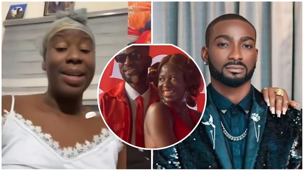 A collage featuring MC Fish (Fisayo Olagunju) and his new partner. The central circular image shows the couple smiling together in matching red outfits. On the left, a video still shows the partner speaking in a white top, while the right features a professional portrait of MC Fish in a sequined dark jacket and silver chain."
