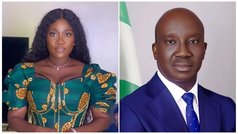 A side-by-side composite image featuring Nollywood actress Mercy Johnson Okojie on the left, wearing a green patterned dress and a pearl necklace, and the Executive Governor of Edo State, Senator Monday Okpebholo, on the right in a dark suit and blue tie.