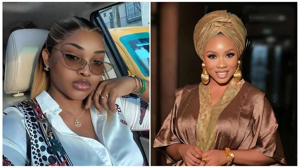 A side-by-side comparison image featuring Nigerian actresses Mercy Aigbe and Wunmi Toriola. On the left, Mercy Aigbe is pictured inside a vehicle wearing a white patterned blouse, cat-eye glasses, and gold jewelry. On the right, Wunmi Toriola is shown in traditional attire, including a gold headwrap (gele) and matching statement earrings.