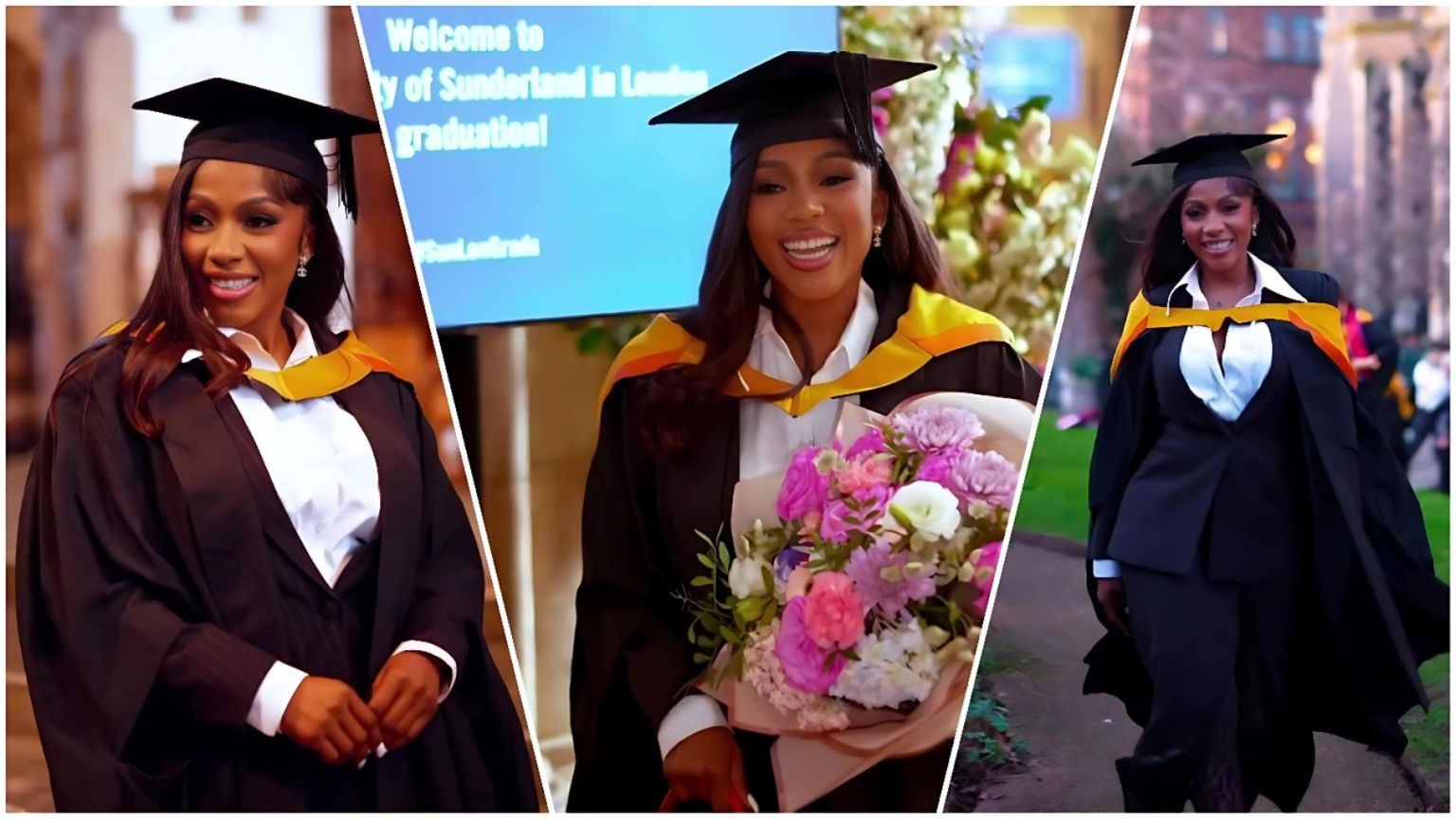 A three-panel photo collage of Mercy Eke celebrating her MBA graduation from the University of Sunderland in London. In the left panel, she smiles while wearing her graduation gown and cap over a crisp white shirt. The middle panel shows her holding a large bouquet of pink and white flowers in front of a digital welcome sign. The right panel captures her confidently walking outdoors in her full academic attire.