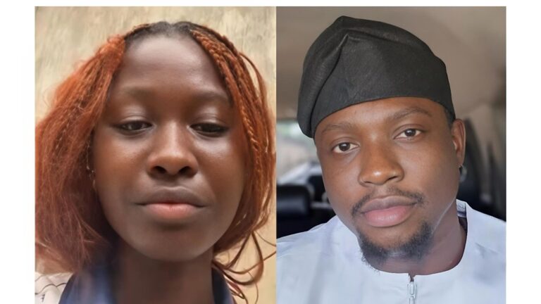 A split image featuring Abigail Nsuka (popularly known as Mirabel) on the left and social critic VeryDarkMan (Martins Vincent Otse) on the right. On the left, Nsuka is seen from the chest up with reddish-brown braided hair, looking directly into the camera with a neutral expression. On the right, VeryDarkMan is wearing a white traditional outfit and a black cap, also looking forward with a slight smile.