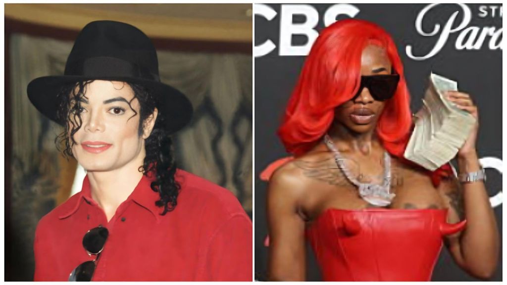 A side-by-side comparison of two iconic music figures: on the left, Michael Jackson wears his signature black fedora, a red button-down shirt, and aviator sunglasses tucked into his collar. On the right, rapper Sexyy Red poses with vibrant red hair and dark sunglasses while holding a large stack of cash to her head.