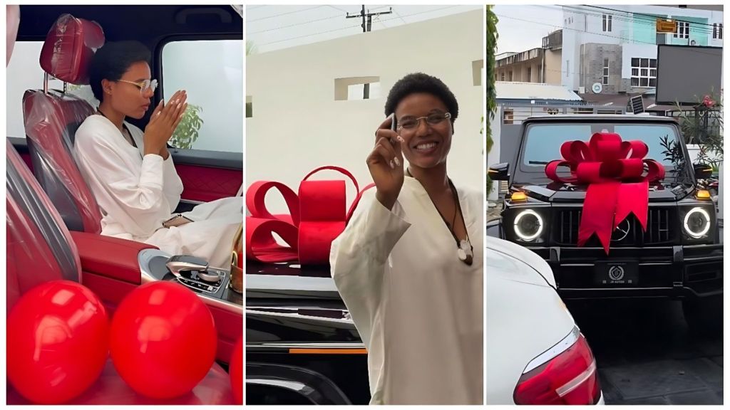A three-panel split image featuring Nigerian actress Nancy Isime and her new car. The left panel shows Isime smiling inside the luxury interior; the middle panel displays the exterior of the black Mercedes-Benz G-Wagon decorated with a large red Valentine’s bow; the right panel shows her posing confidently beside the vehicle.