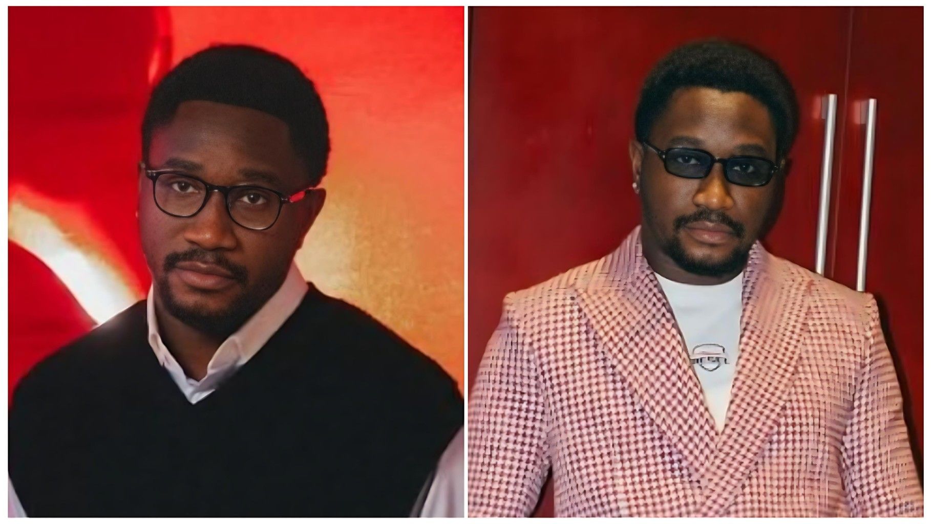 In the left frame, he wears a scholarly, sophisticated look with a white collared shirt under a black sweater vest and thick-rimmed black glasses. In the right frame, he transitions to a high-fashion aesthetic, wearing a textured, pink-and-white patterned blazer over a white shirt, paired with sleek, dark-tinted sunglasses against a deep red background.