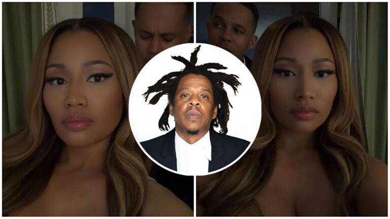 Nicki Minaj looking serious in a mirrored split-screen shot with a central circular inset of Jay-Z.