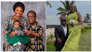 A side-by-side photo collage of Nigerian media personality Nkubi and his wife, Nkechi Vivian. On the left, the couple poses for a formal studio portrait with their infant daughter, all dressed in matching green and patterned traditional attire. On the right, the couple stands outdoors by a beach; Nkubi wears a sharp black suit while Nkechi wears an elegant lime-green ruffled gown.