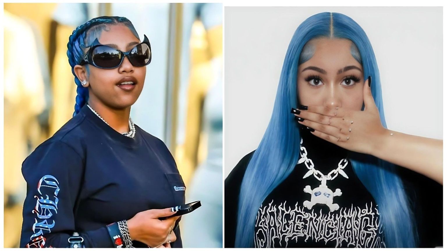 A split-image composition featuring North West showcasing a bold, alternative style. On the left, she is seen outdoors wearing blue-braided hair, pointed "batwing" Balenciaga sunglasses, and a black Chrome Hearts long-sleeve shirt. On the right, she has sleek, waist-length electric blue hair and a black Balenciaga shirt, holding a hand with a silver-charmed manicure over her mouth to highlight her jewelry and icy blue contacts.