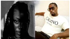 A side-by-side collage featuring a close-up, shadowed portrait of a woman identified as "the violently wicked" (@notralia) on the left and a portrait of BBNaija star Neo Akpofure lounging on a sofa on the right.