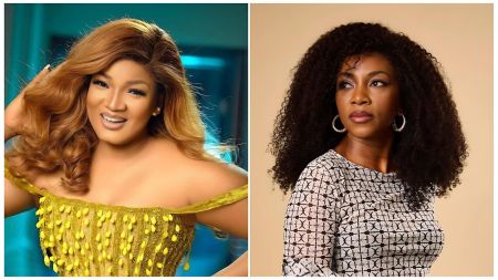 Side-by-side collage of Nigerian actresses Omotola Jalade Ekeinde and Genevieve Nnaji. Omotola is pictured on the left with voluminous wavy light brown hair, wearing a bright yellow off-shoulder dress against a teal background. Genevieve is on the right with long curly black hair, hoop earrings, and a patterned black-and-white top against a beige background.
