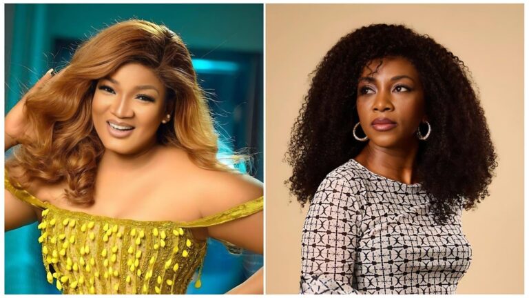Side-by-side collage of Nigerian actresses Omotola Jalade Ekeinde and Genevieve Nnaji. Omotola is pictured on the left with voluminous wavy light brown hair, wearing a bright yellow off-shoulder dress against a teal background. Genevieve is on the right with long curly black hair, hoop earrings, and a patterned black-and-white top against a beige background.