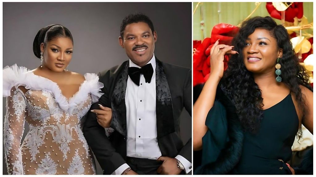 A formal studio portrait of veteran Nollywood actress Omotola Jalade-Ekeinde and her husband, Captain Matthew Ekeinde. Omotola is wearing a white lace, pearl-beaded off-the-shoulder gown with ruffled detailing, while Captain Matthew is dressed in a black tuxedo with a black velvet bow tie.