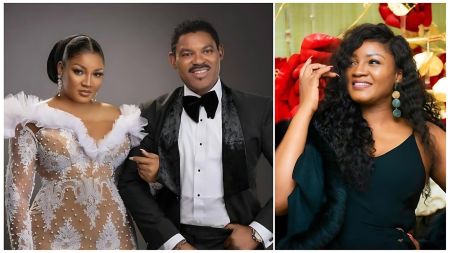 A formal studio portrait of veteran Nollywood actress Omotola Jalade-Ekeinde and her husband, Captain Matthew Ekeinde. Omotola is wearing a white lace, pearl-beaded off-the-shoulder gown with ruffled detailing, while Captain Matthew is dressed in a black tuxedo with a black velvet bow tie.