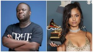 A split image featuring Nigerian media personality Osi Suave on the left and South African singer Tyla on the right. Osi Suave is seen in a medium shot against a blue background, wearing a black t-shirt with the word "TRUE" in white text, standing with his arms crossed and a serious expression. On the right, Tyla poses with a golden Grammy Award in hand, wearing a sparkling, gem-embellished beige dress with a "wet look" hairstyle.