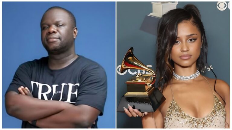 A split image featuring Nigerian media personality Osi Suave on the left and South African singer Tyla on the right. Osi Suave is seen in a medium shot against a blue background, wearing a black t-shirt with the word "TRUE" in white text, standing with his arms crossed and a serious expression. On the right, Tyla poses with a golden Grammy Award in hand, wearing a sparkling, gem-embellished beige dress with a "wet look" hairstyle.