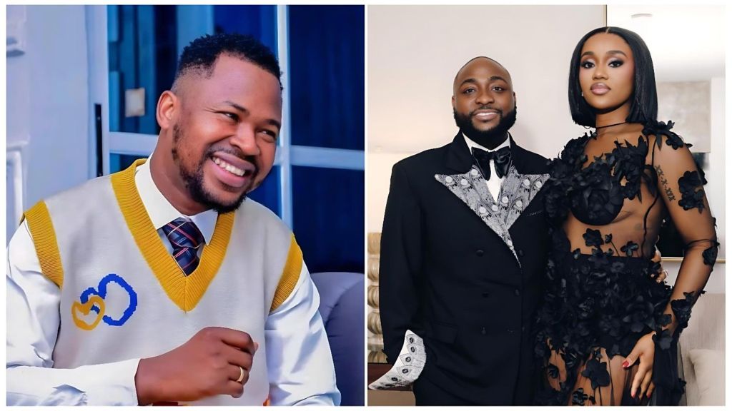 A composite image featuring Delta State Governor’s aide, Ossai Ovie Success, on the left and celebrity couple Davido and Chioma Rowland on the right. On the left, Ossai is smiling, wearing a white shirt under a yellow V-neck knitted vest. On the right, Davido and Chioma stand together at an event; Davido wears a black suit with silver embellished lapels, while Chioma wears a black sheer gown with floral appliqués.