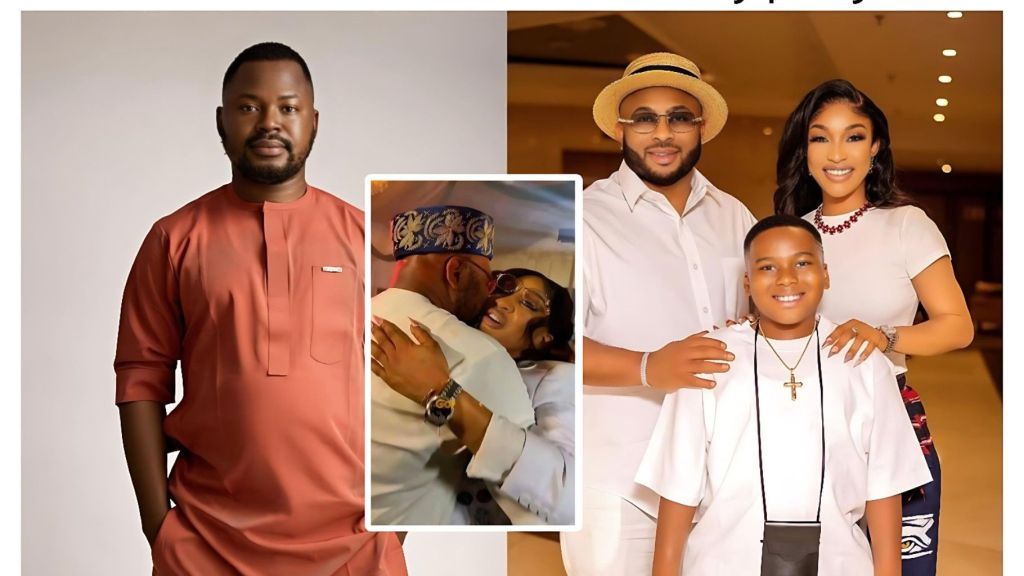 A four-part photo collage. On the left, a solo portrait shows Ossai Ovie Success in a traditional coral-colored tunic. The right side features a bright family portrait of Olakunle Churchill (in a straw hat and glasses), Tonto Dikeh (in a white top and necklace), and their son King Andre smiling in front. In the center, an inset smaller photo captures an intimate moment of Churchill and Tonto Dikeh hugging and smiling.