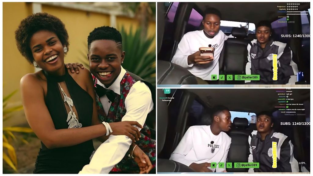 A split image featuring Nigerian content creators Peller and Jarvis. The left side shows a posed photo of the couple smiling together in formal wear. The right side displays two screenshots from a viral live stream inside a car where Peller begs Jarvis for a second chance while she responds.
