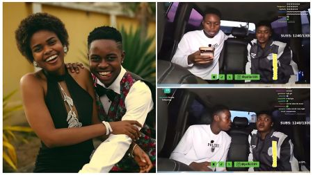 A split image featuring Nigerian content creators Peller and Jarvis. The left side shows a posed photo of the couple smiling together in formal wear. The right side displays two screenshots from a viral live stream inside a car where Peller begs Jarvis for a second chance while she responds.