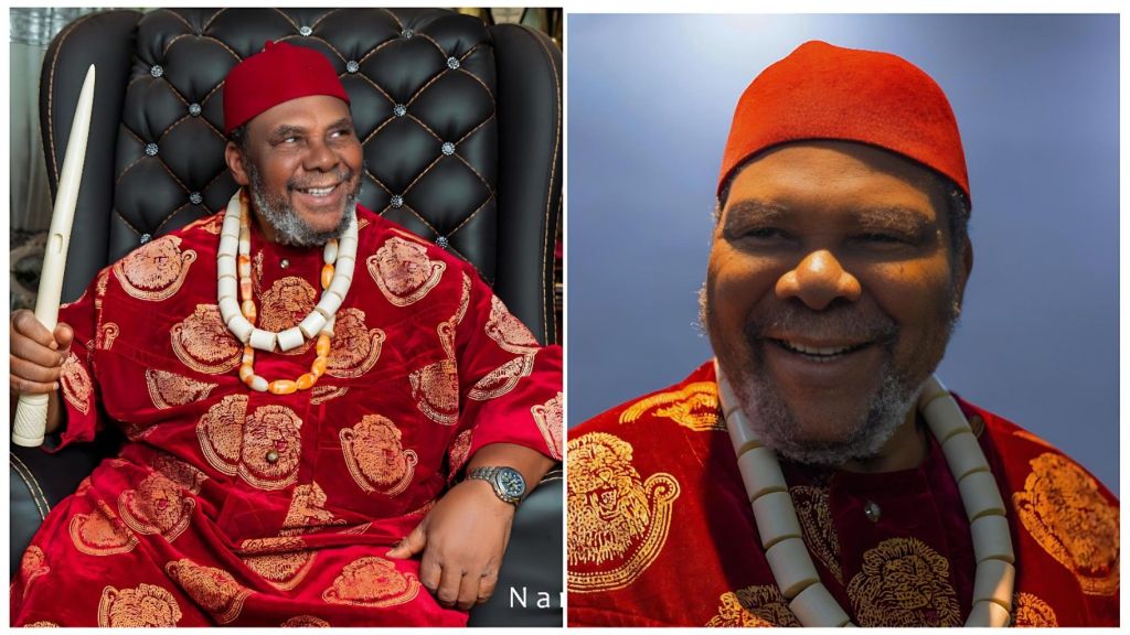 A split-screen composite image featuring two portraits of veteran Nollywood actor Pete Edochie. On the left, he is shown from the waist up, seated in a black tufted leather throne, smiling broadly while holding a traditional white carved staff. He wears a vibrant red velvet "Isiagu" chieftaincy outfit with gold lion-head patterns, several strands of white and orange coral beads, and a red cap. On the right is a close-up headshot of him smiling warmly against a blue background, wearing the same red cap, Isiagu attire, and white coral beads.