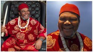 A split-screen composite image featuring two portraits of veteran Nollywood actor Pete Edochie. On the left, he is shown from the waist up, seated in a black tufted leather throne, smiling broadly while holding a traditional white carved staff. He wears a vibrant red velvet "Isiagu" chieftaincy outfit with gold lion-head patterns, several strands of white and orange coral beads, and a red cap. On the right is a close-up headshot of him smiling warmly against a blue background, wearing the same red cap, Isiagu attire, and white coral beads.