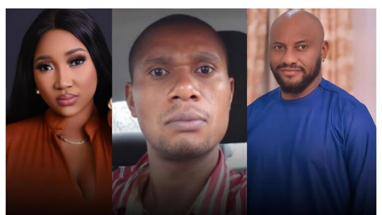 Judy Austin, Mr. Muoghalu, and Yul Edochie shown side by side in a collage of individual portraits.