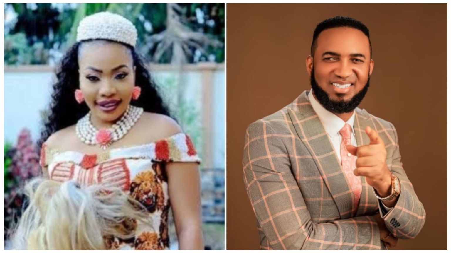 A side-by-side photo shows actress Doris Ogala on the left, wearing traditional Igbo attire with a white beaded crown and necklace. On the right, Pastor Chris Okafor wears a grey checkered suit and a pink tie while pointing toward the camera.