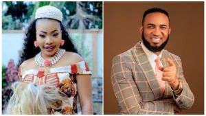 A side-by-side photo shows actress Doris Ogala on the left, wearing traditional Igbo attire with a white beaded crown and necklace. On the right, Pastor Chris Okafor wears a grey checkered suit and a pink tie while pointing toward the camera.