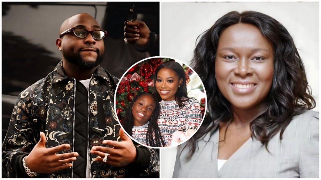 A collage featuring a portrait of Nigerian singer Davido gesturing with his hands on the left, and a professional headshot of lawyer Ebelechukwu Egeonu Enedah (identified as @belachukwu) on the right. In the center, a circular inset shows Sophia Momodu smiling alongside her daughter, Imade Adeleke, in front of a Christmas tree.