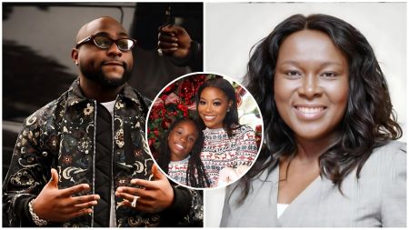 A collage featuring a portrait of Nigerian singer Davido gesturing with his hands on the left, and a professional headshot of lawyer Ebelechukwu Egeonu Enedah (identified as @belachukwu) on the right. In the center, a circular inset shows Sophia Momodu smiling alongside her daughter, Imade Adeleke, in front of a Christmas tree.