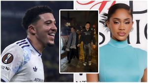 A split-screen image featuring Aston Villa winger Jadon Sancho on the left in a white football kit, a central inset photo of him and rapper Saweetie holding hands on a Parisian street at night, and a portrait of Saweetie on the right wearing a turquoise high-neck dress and silver earrings.