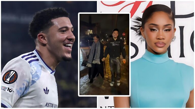 A split-screen image featuring Aston Villa winger Jadon Sancho on the left in a white football kit, a central inset photo of him and rapper Saweetie holding hands on a Parisian street at night, and a portrait of Saweetie on the right wearing a turquoise high-neck dress and silver earrings.