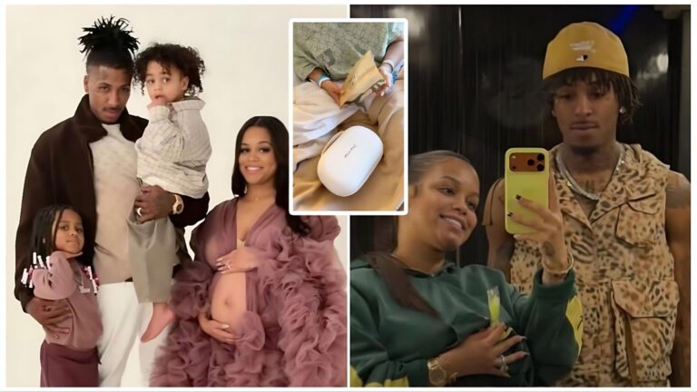A collage of rapper NBA YoungBoy and his wife Jazlyn Mychelle, featuring family portraits with their young children and candid moments from a hospital and home setting.