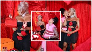A three-panel split image showcasing Porsha Williams and her partner Patrice McKinney during a romantic Valentine's Day celebration. The left panel features Williams in a black dress adorned with red fabric roses, holding a bright red Hermès Birkin bag next to an orange designer box. The center panel shows the couple laughing together at a dinner table set against a red velvet backdrop. The right panel depicts McKinney affectionately kissing Williams on the cheek as they pose together in front of red drapes.