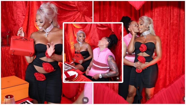 A three-panel split image showcasing Porsha Williams and her partner Patrice McKinney during a romantic Valentine's Day celebration. The left panel features Williams in a black dress adorned with red fabric roses, holding a bright red Hermès Birkin bag next to an orange designer box. The center panel shows the couple laughing together at a dinner table set against a red velvet backdrop. The right panel depicts McKinney affectionately kissing Williams on the cheek as they pose together in front of red drapes.